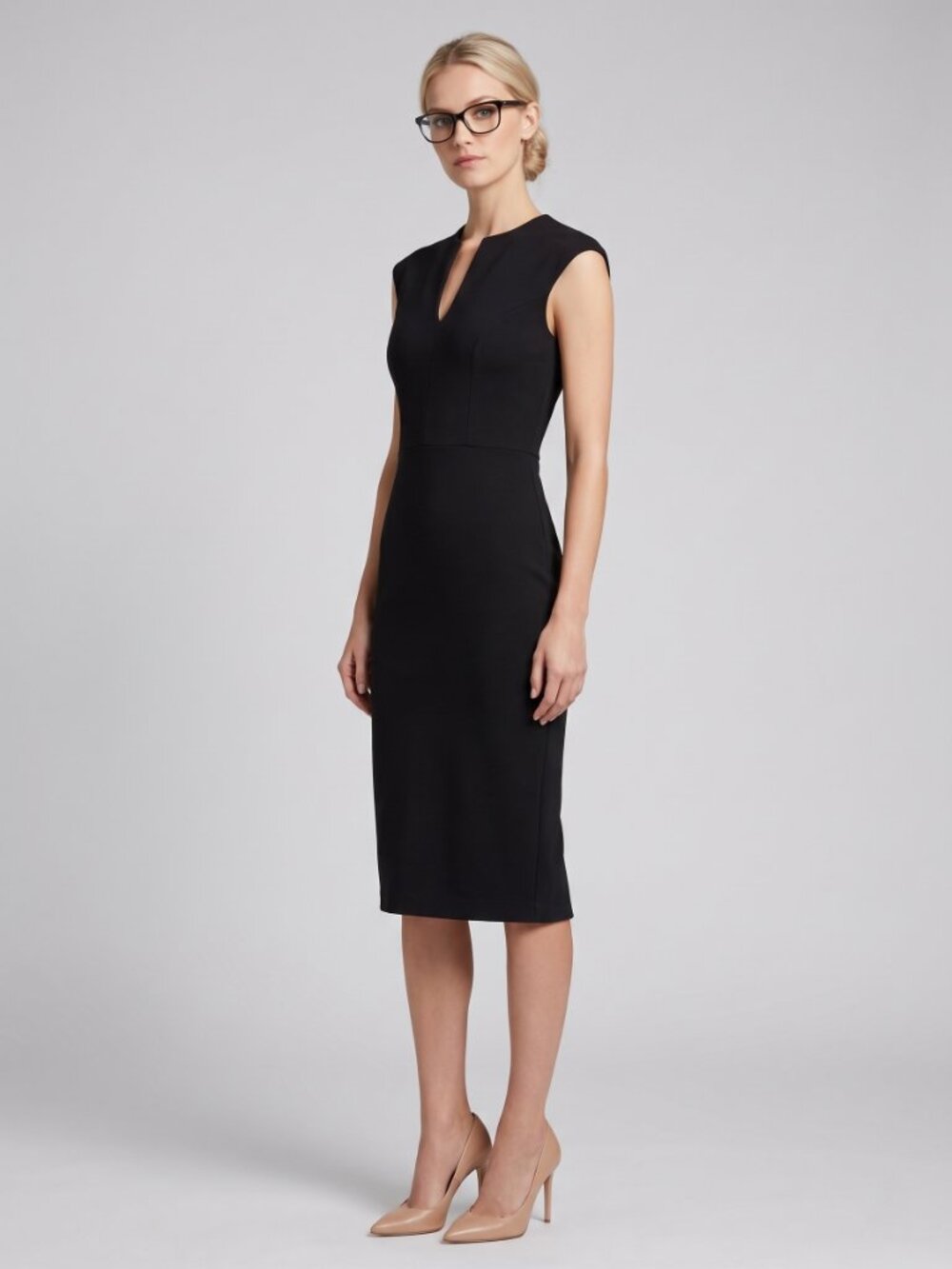 Body Sculpting S Knit Black Stretch Sheath Dress Gold Back Zipper Office Siren